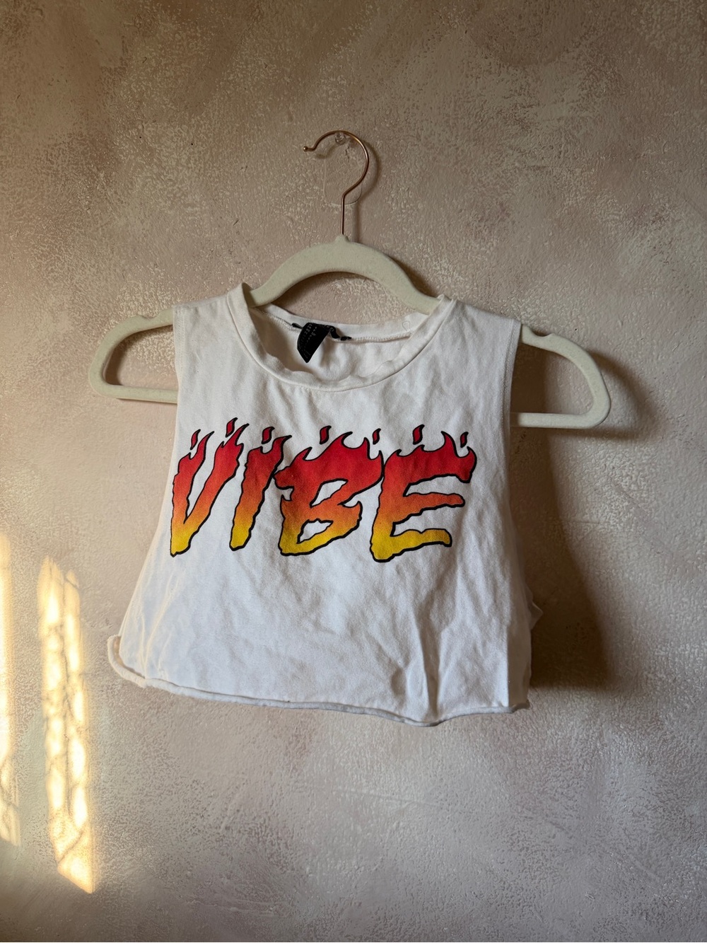 Forever 21 White Crop Tank with Red-to-Yellow Flame 'VIBE' Graphic